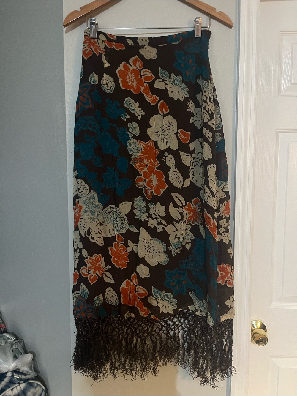 Splash Woman Floral Fringe Hem Skirt Size 16 Brown Teal Orange Boho Midi Pull On - Picture 4 of 8